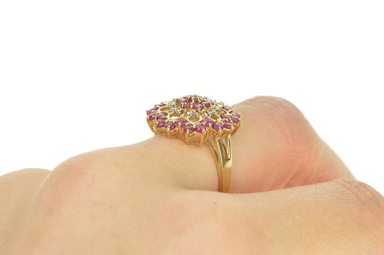 9K Yellow Gold Ruby Diamond Ornate Halo Filigree Cocktail Ring