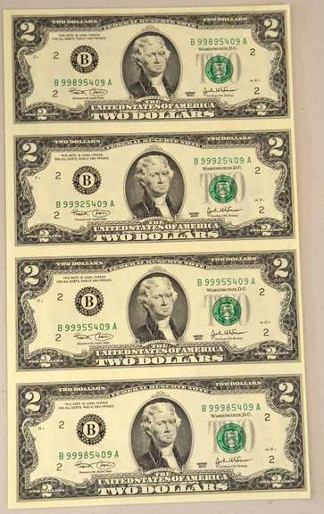 Uncut Sheet Of 2 Dollar Bills 2003 . 4 Total Bills
