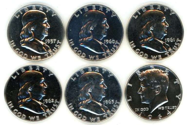 6 Diff. Gem Proof Franklin & Kennedy Half Dollars