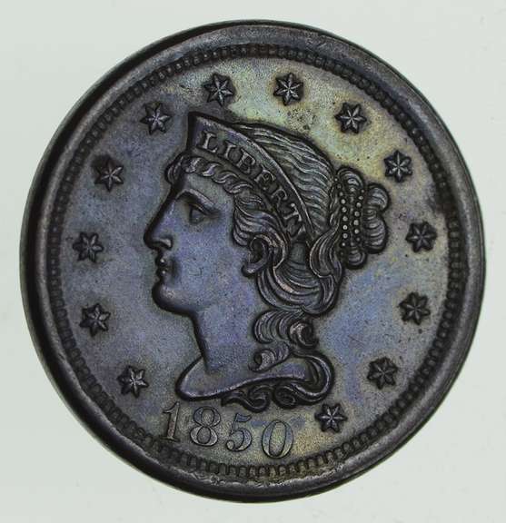 1850 Braided Hair Large Cent - BLUE Tone