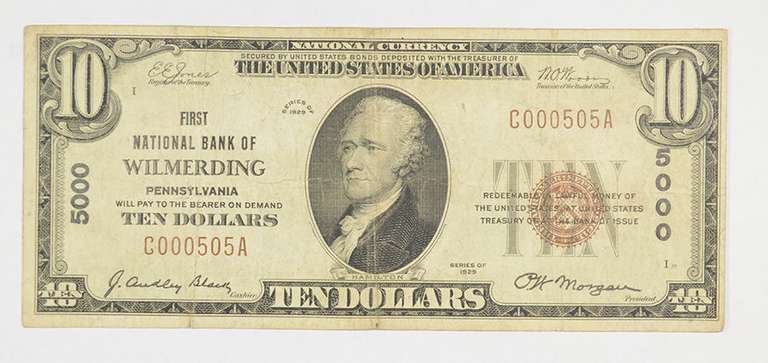 1929 $10 National Currency Note - Wilmerding, PA - Low Serial #