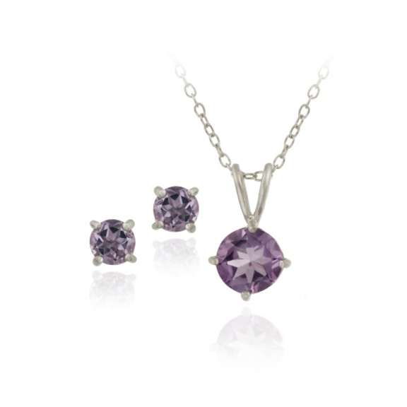 Sterling Silver 2ct TGW Amethyst Round Solitaire Pendant & Stud Earrings Set, 18"