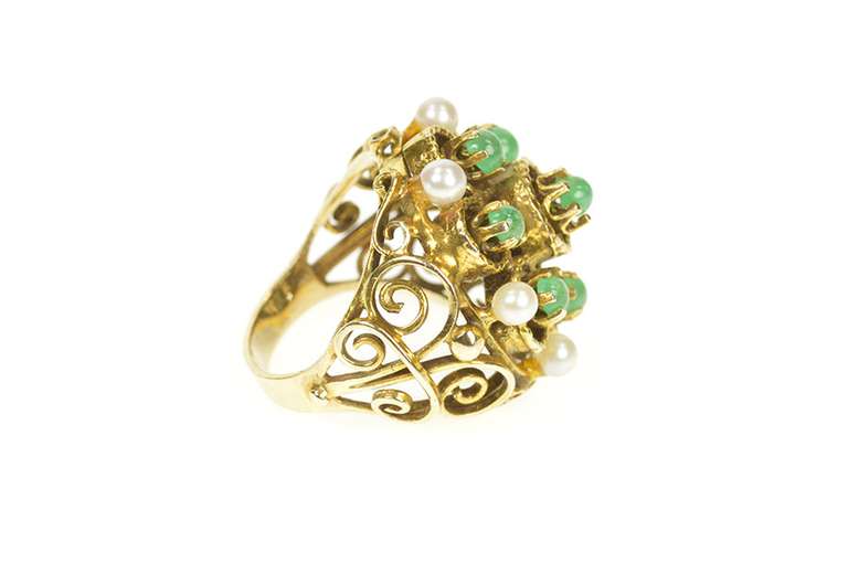 14K Yellow Gold 1960's Pearl Emerald Ornate Filigree Cocktail Ring