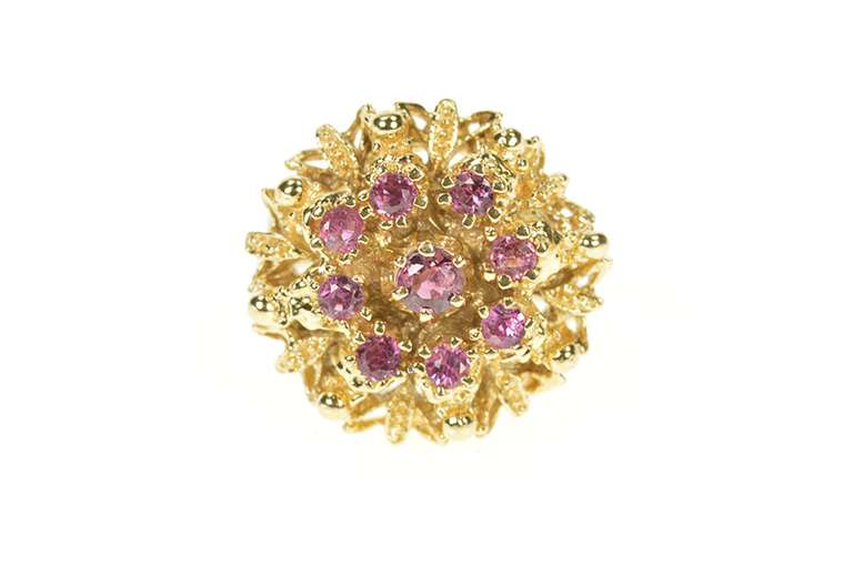 14K Yellow Gold 1960's Ruby Ornate Round Cluster Cocktail Ring