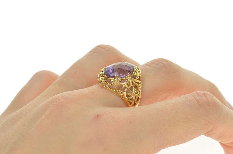 14K Yellow Gold Oval Faceted Amethyst Scrollwork Cocktail Ring