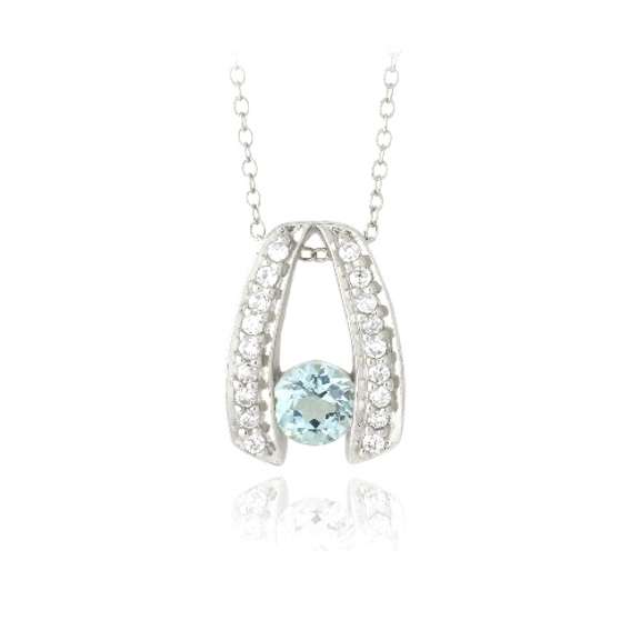 Sterling Silver 1ct Blue Topaz & CZ Wishbone Necklace