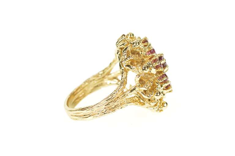 14K Yellow Gold 1960's Ruby Ornate Round Cluster Cocktail Ring
