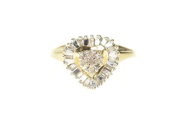 10K Yellow Gold Wavy Heart Diamond Halo Cluster Statement Ring