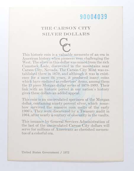 1890 Carson City Morgan Silver Dollar GSA COA