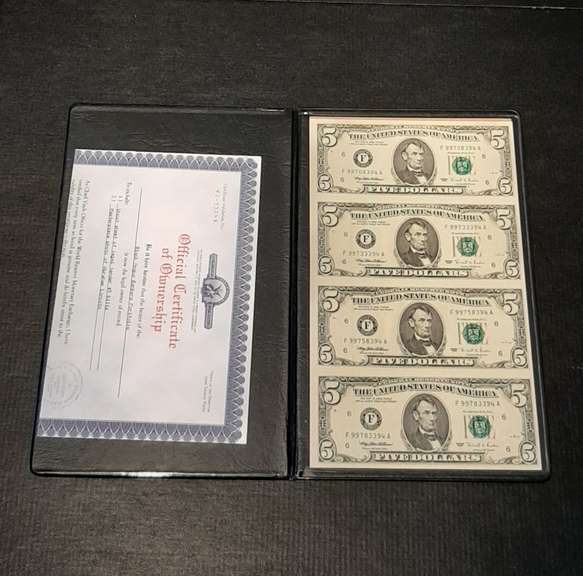 Uncut Sheet  of 4 $ 5 1995 Fed Reserve Notes