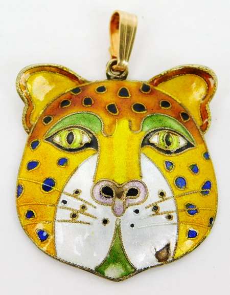 Vintage Chinese Silver Cat/Tiger Enameled Pendant