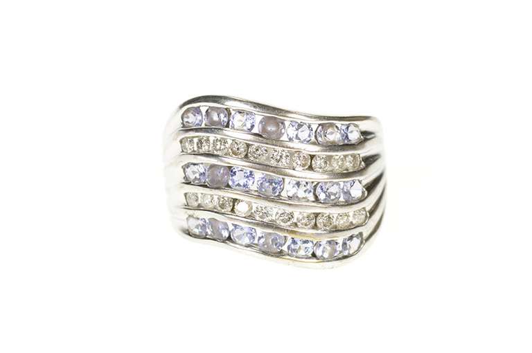 10K White Gold Tiered Wavy Row Tanzanite Diamond Statement Ring