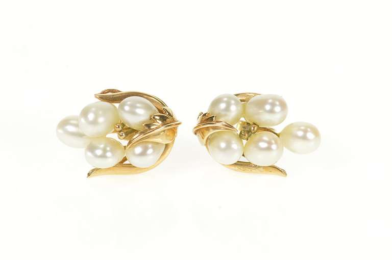 14K Yellow Gold 1960's Retro Pearl Cluster Statement Earrings