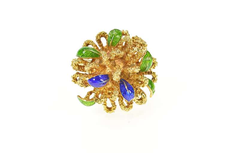 14K Yellow Gold 1960's Blue Green Enamel Leaf Cocktail Ring