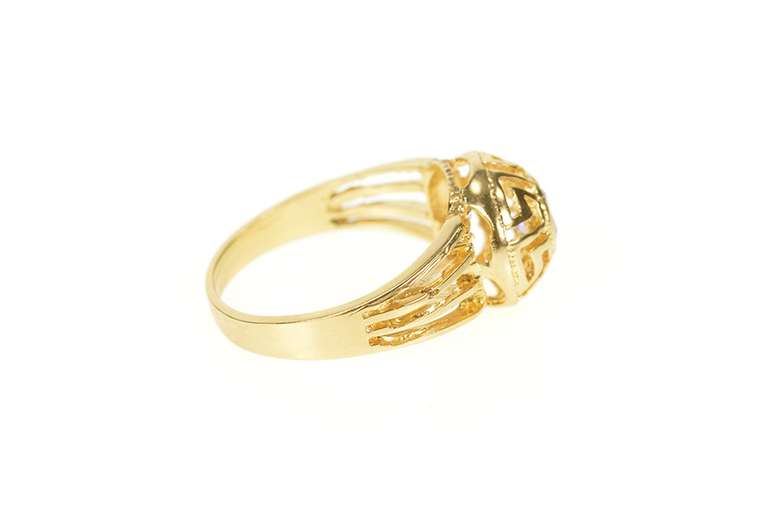 18K Yellow Gold Round Amethyst Greek Key Wave Filigree Ring
