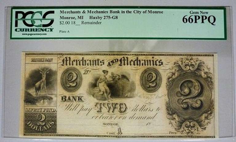 Gem Crisp 1800's $2 Merchants & Mechanics Bank Monroe Michigan PCGS 66!