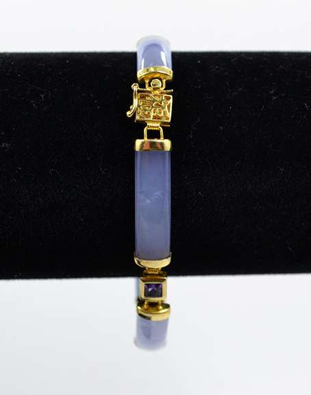 Gold Over Sterling Silver Purple Jade Bracelet With Crystal Links