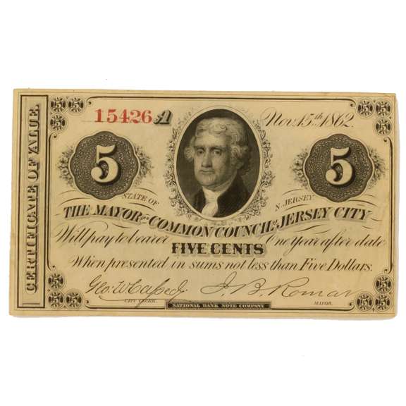 Nov 15 1862 Series 5 Cent Jersey Near  Note