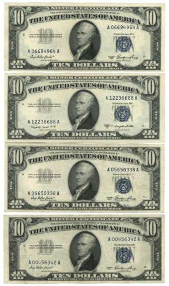4 Nicer 1953 Series $10 Silver Certificate notes