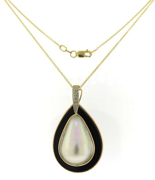 Mabe Pearl & Black Onyx w Diamond Accent Bail Necklace