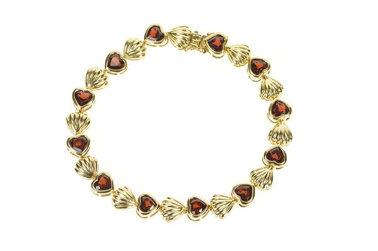 14K Yellow Gold Heart Cut Garnet Puffy Scalloped Link Bracelet