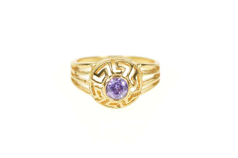 18K Yellow Gold Round Amethyst Greek Key Wave Filigree Ring