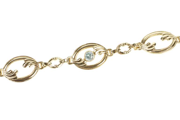 10K Yellow Gold Blue Topaz Wave Oval Design Statement Chain Bracelet