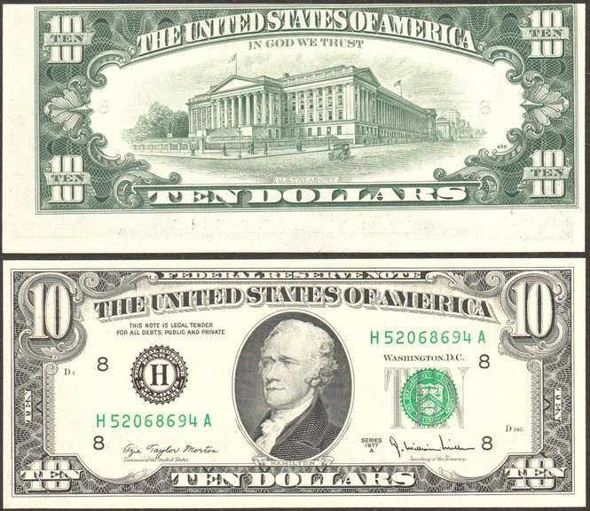 $10 1977-A FRN Faulty Alignment Error Back Choice Crisp Uncirculated