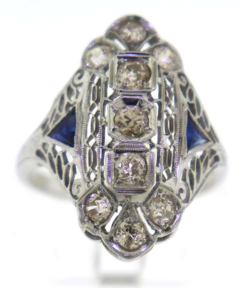 Antique European Diamond and Sapphire Filagree Ring