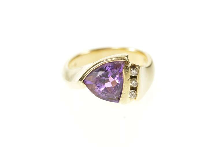 14K Yellow Gold Trillion Amethyst Diamond Accent Statement Ring