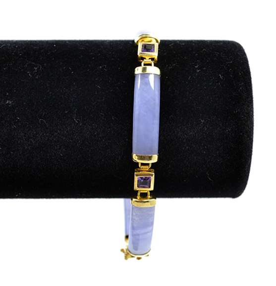 Gold Over Sterling Silver Purple Jade Bracelet With Crystal Links