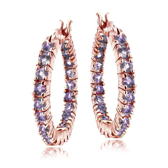 Rose Gold Tone Over Sterling Silver Amethyst Inside Out Hoop Earrings