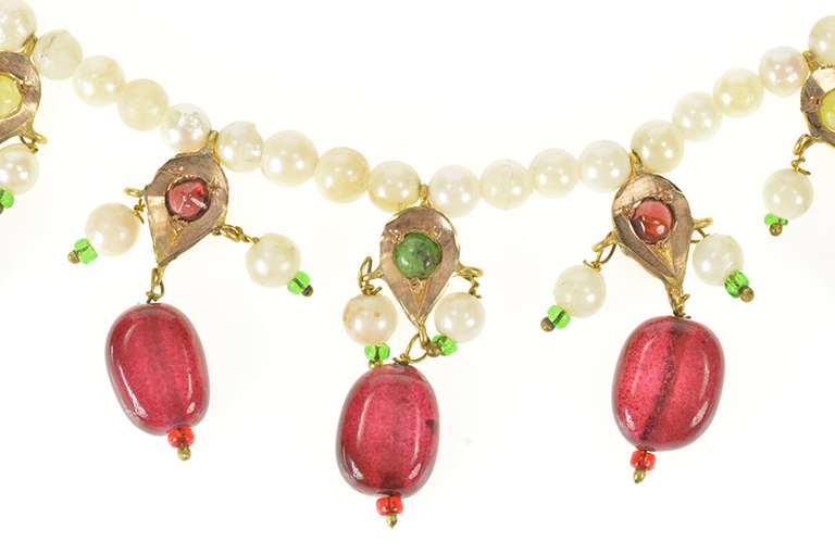 14K Yellow Gold Victorian Ruby Pearl Tourmaline Fringe Woven Necklace