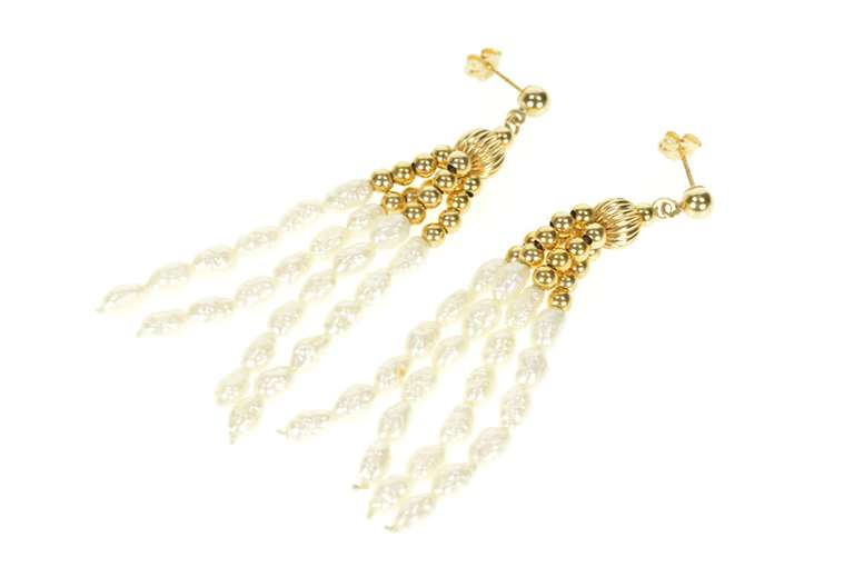 14K Yellow Gold Retro Pearl Fringe Dangle Ornate Statement Earrings