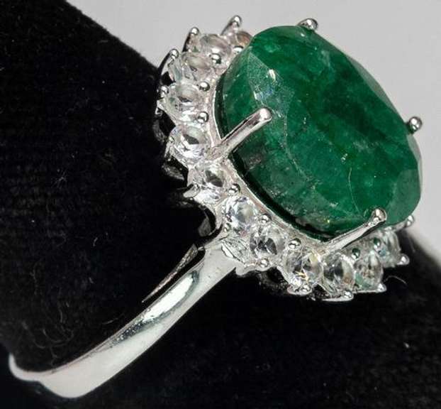 Gorgeous Diamond-Cut Natural Emerald & White Topaz Ring in Sterling