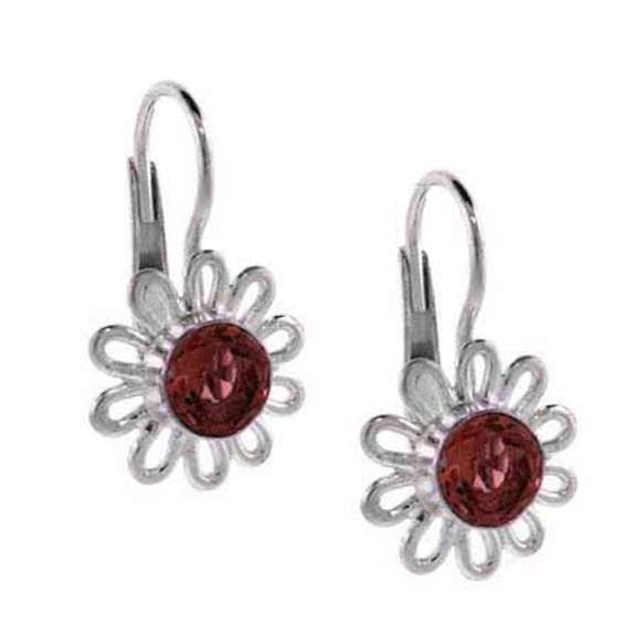Sterling Silver Garnet Flower Leverback Earrings
