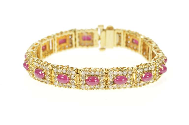 14K Yellow Gold 13.80 Ctw Ruby Cabochon Diamond Halo Tennis Bracelet