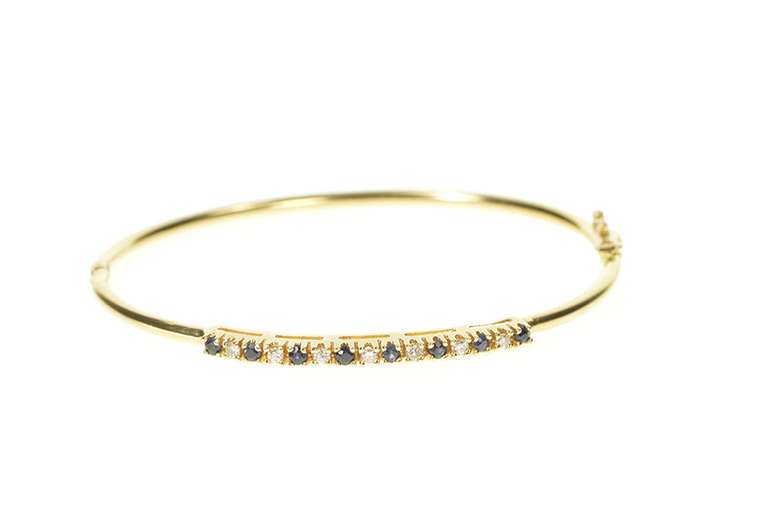 14K Yellow Gold Sapphire Diamond Inset Oval Statement Bangle Bracelet