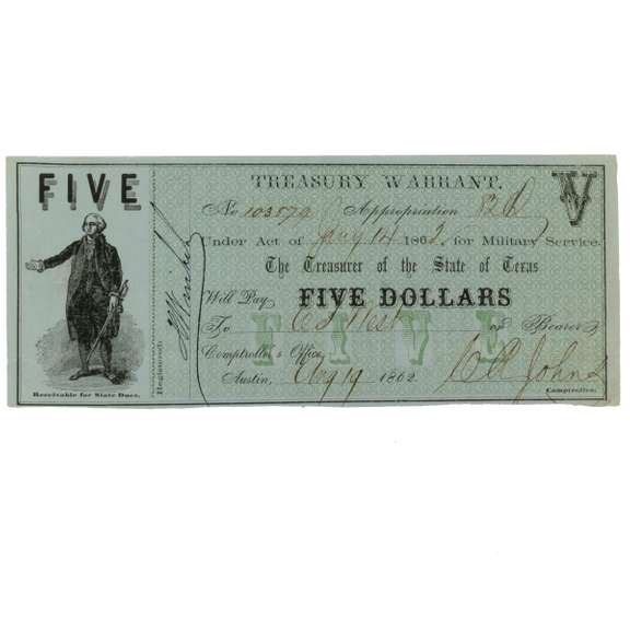 $5 Texas Treasury Warrant Aug 19 1862