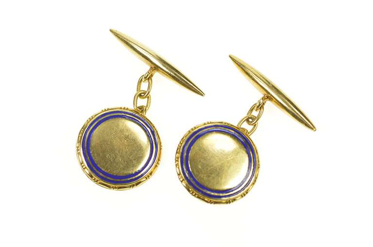 18K Yellow Gold Art Deco Blue Enamel Ornate Men's Cuff Links