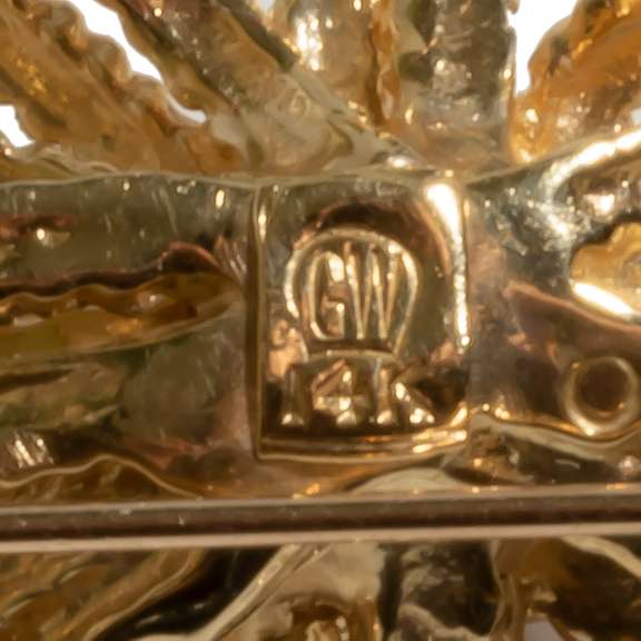 GW 14 K Yellow Gold Ruby &Diamonds Floral Spray Broach