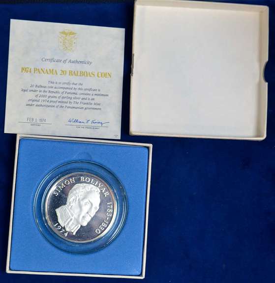 1974 Republic Of Panama 20 Balboas Proof Coin . With Box and COA 4.166 Troy  OZ  of Sterling Silver