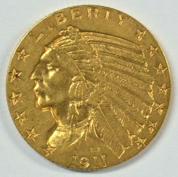 Key date 1911-S US $5 Indian Gold Piece in BU