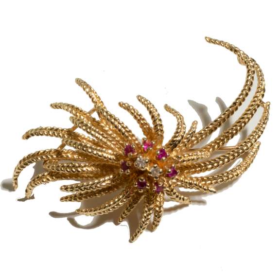 GW 14 K Yellow Gold Ruby &Diamonds Floral Spray Broach