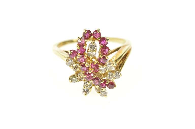 14K Yellow Gold Ruby Diamond Loop Cluster Statement Cocktail Ring