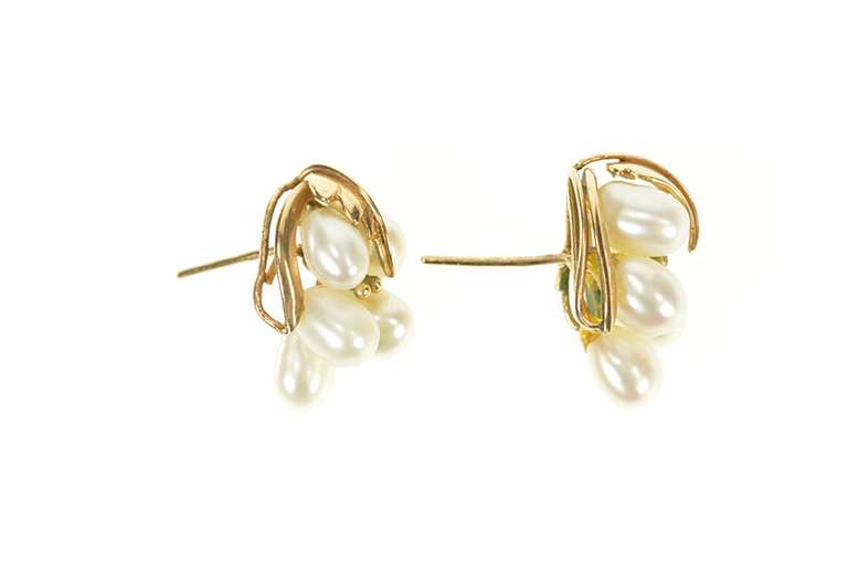 14K Yellow Gold 1960's Retro Pearl Cluster Statement Earrings