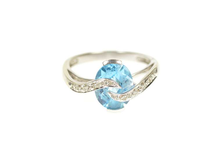 14K White Gold Oval Blue Topaz Diamond Wavy Statement Ring