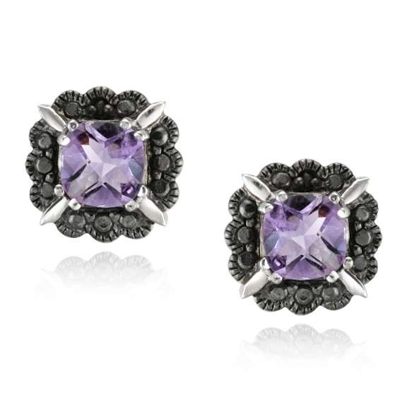 Sterling Silver Amethyst & Black Diamond Accent Stud Earrings