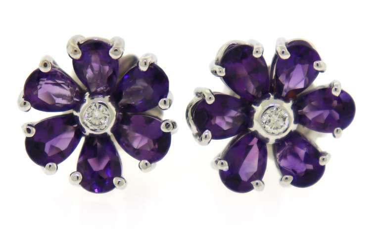 Terrific Amethyst & Diamond Flower Earrings in 18K