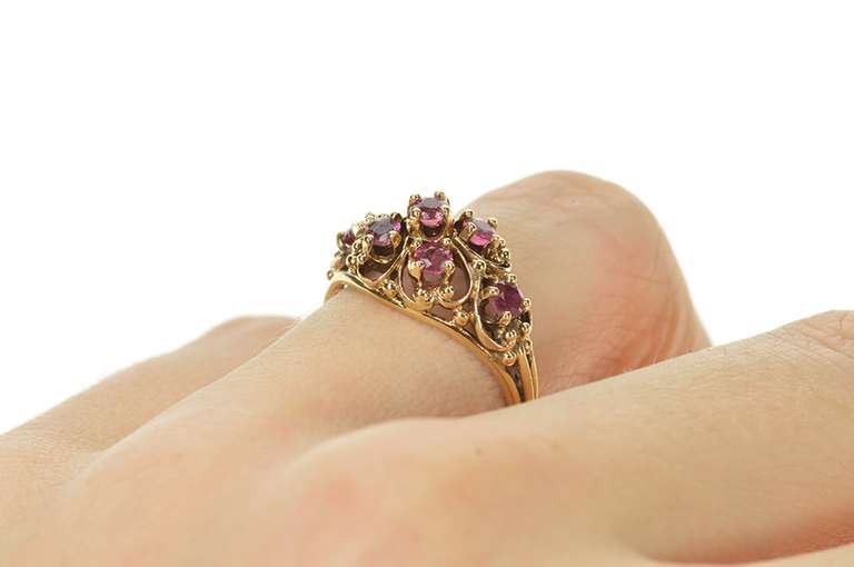 14K Yellow Gold Victorian Ruby Inset Floral Ornate Statement Ring